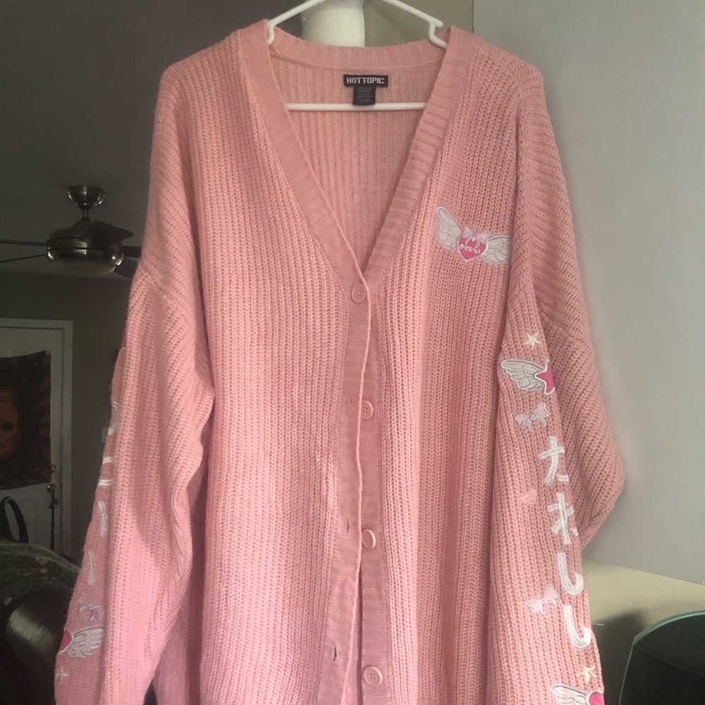 Pink Embroidered Button-Up Cardigan Sweater